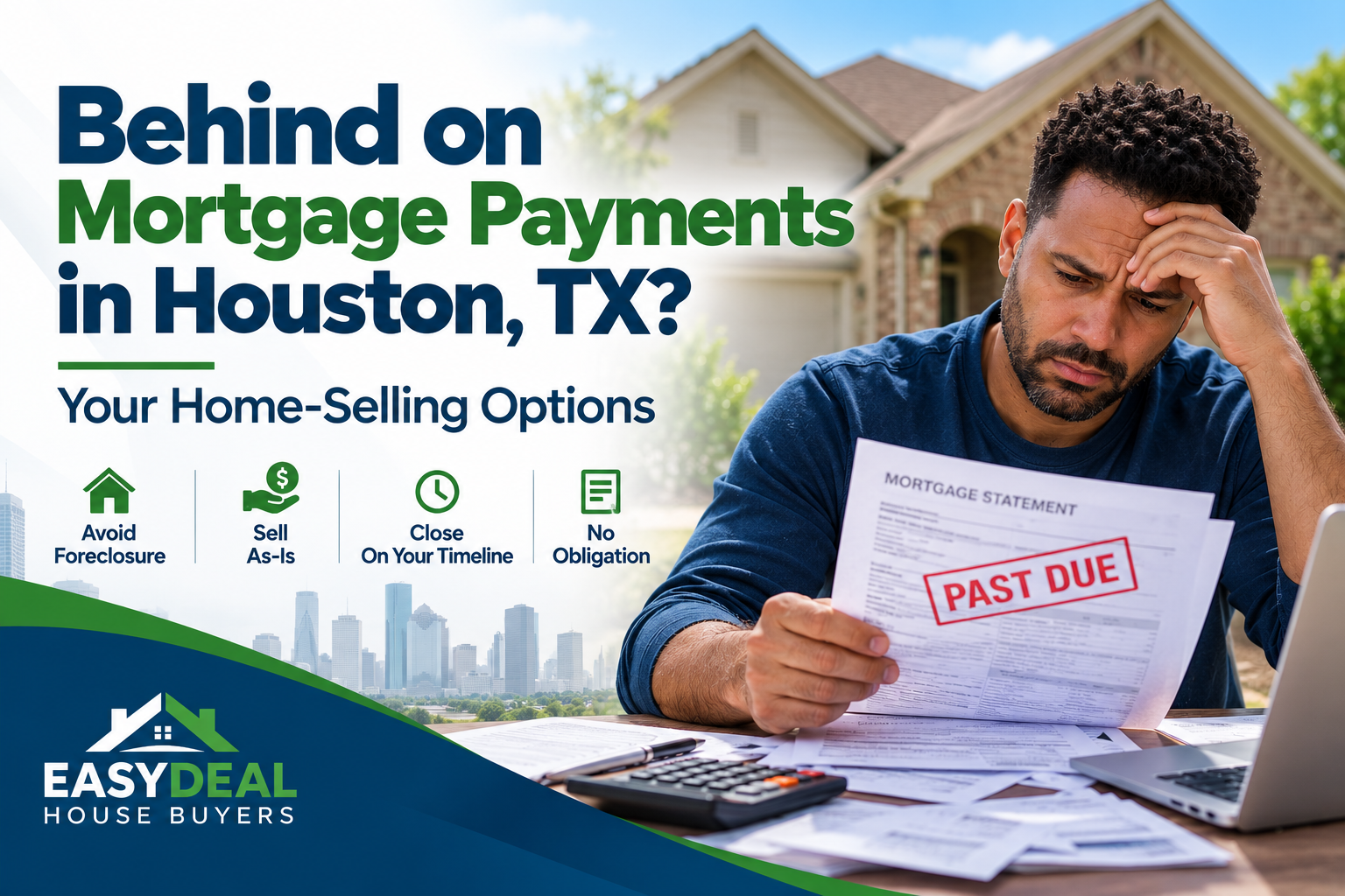 Houston homeowner behind on mortgage payments reviewing past-due mortgage statement