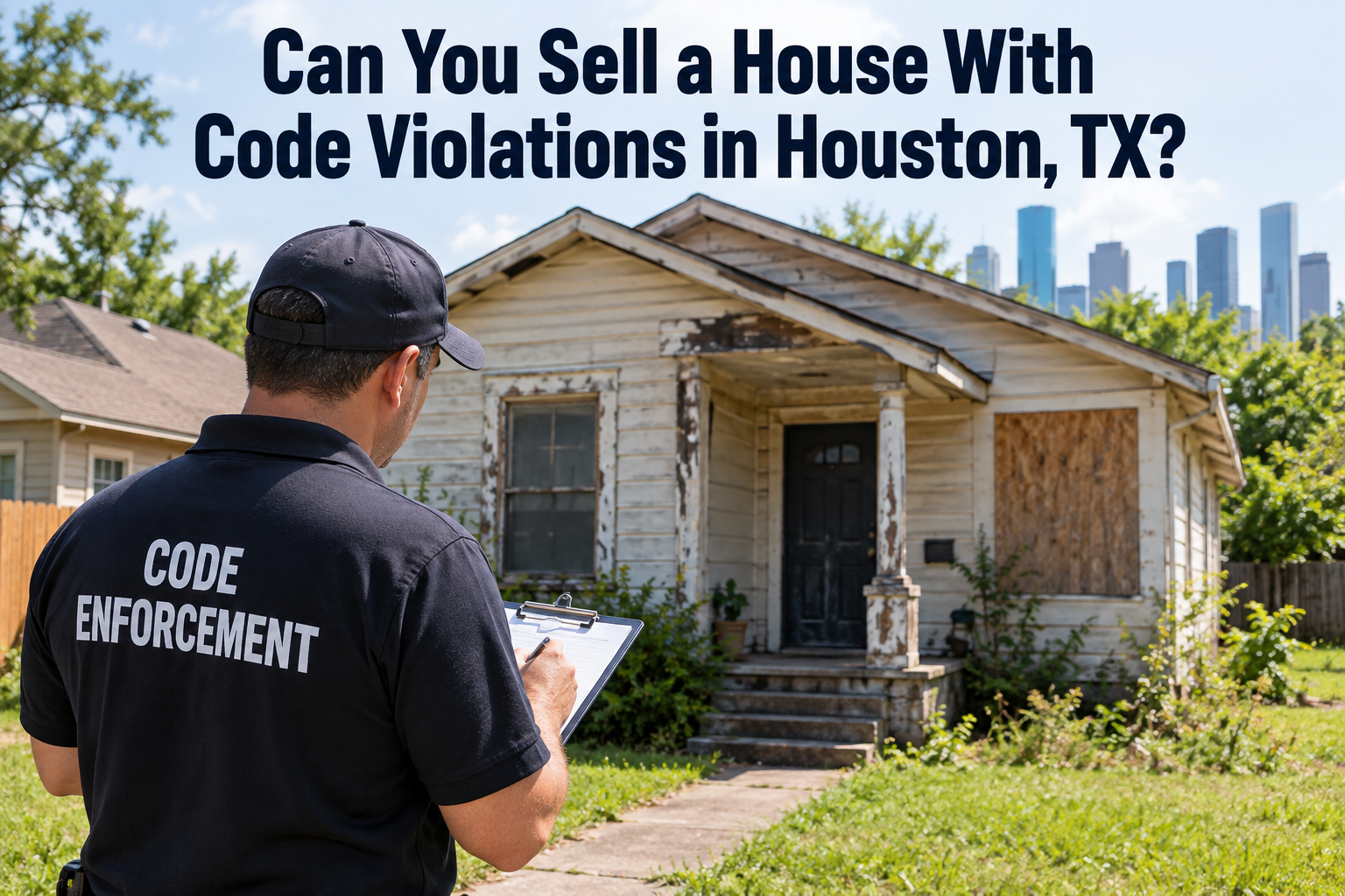 Houston house with code violations being inspected by code enforcement