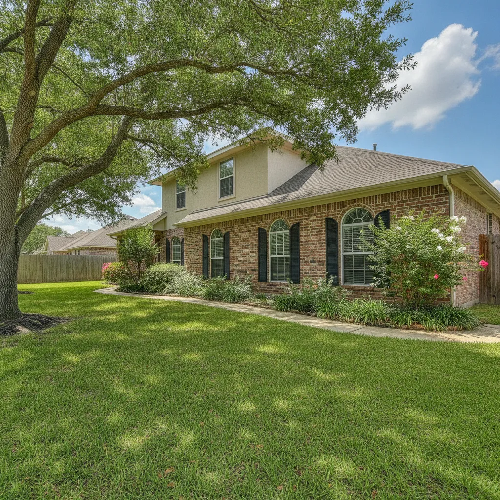 A single-family brick home with a front lawn in Cypress, Texas