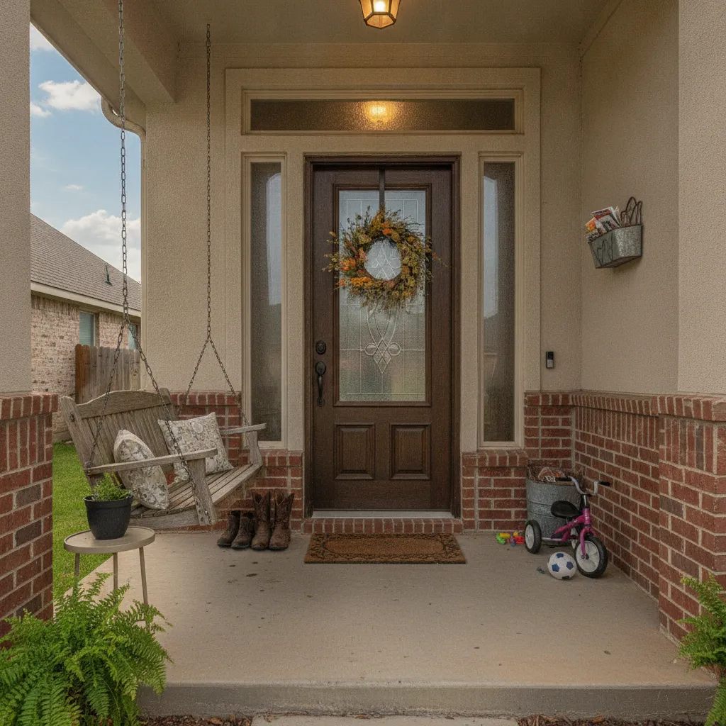 A single-family brick home with a two-car garage on a quiet residential street in Cypress, Texas
