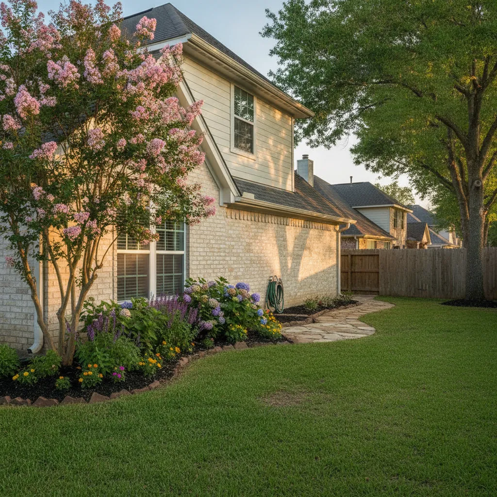 A single-story brick home with a tidy front yard in Spring, Texas