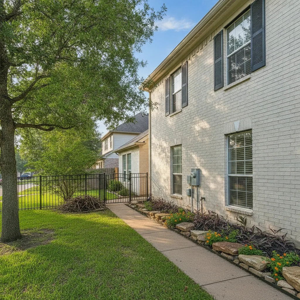 A single-story brick home with a front lawn in a Cypress, Texas neighborhood